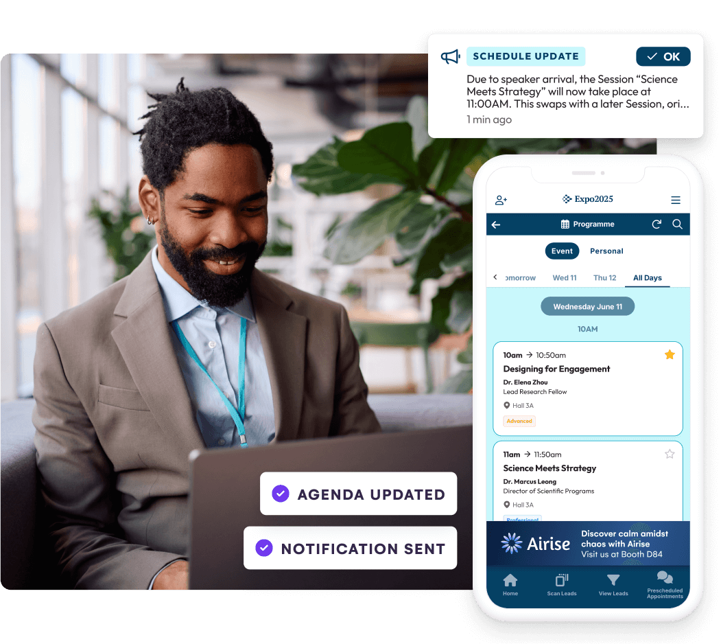 Seamlessly sync all event updates with a connected and integrated event app from EventsAir